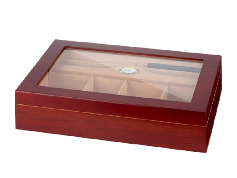 Gasztro humidor 100 szál szivarnak, szivartartó doboz, spanyol cédrusfa, üvegtető, párásító és hygrométer - matt cseresznye