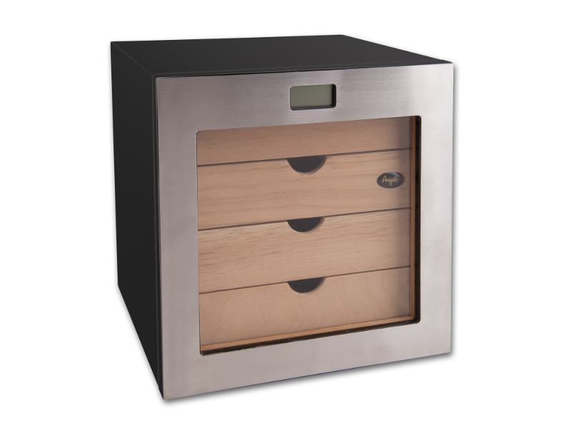 Humidor szekrény 80 szivar részére, kocka szivartartó szekrény, párásító, külső hygrometer - fémkeretes üvegajtó