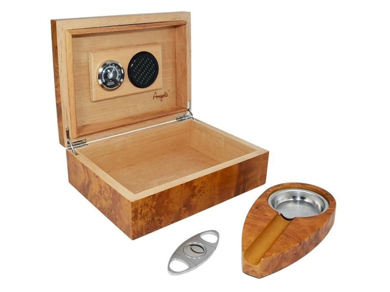 Humidor 30 szál szivar részére, cédrusfa szivar tároló doboz, párásítóval, hygrométerrel - bruyere + AJÁNDÉK szett!
