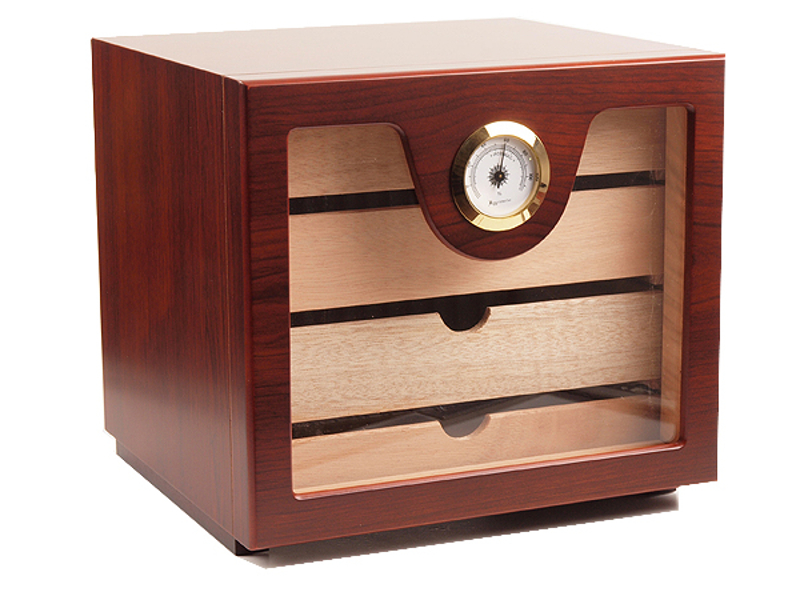 Üvegajtós humidor szekrény kb 80 szivar részére, rózsafa borítással, külső hygrometerrel