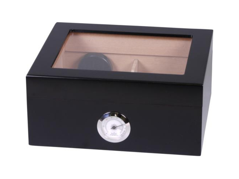 Humidor 30 szál szivar részére, matt fekete cédrusfa szivar doboz, üvegtetővel, párásítóval, külső hygrométerrel