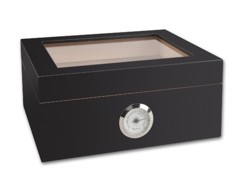 Humidor 30 szál szivar részére, matt fekete cédrusfa szivar doboz, üvegtetővel, párásítóval, külső hygrométerrel - Image 2