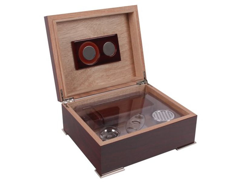 Humidor 40 szál szivar részére, vörösesbarna színű szivar tároló doboz, belső hygrométerrel, párásítóval + AJÁNDÉK szett