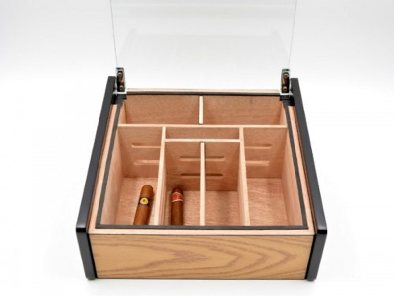 Hermoso humidor-Oak 80-100 szálas szivardoboz, cédrusfa szivartartó doboz, üvegtető, párásító - tölgyfa borítással - Image 8