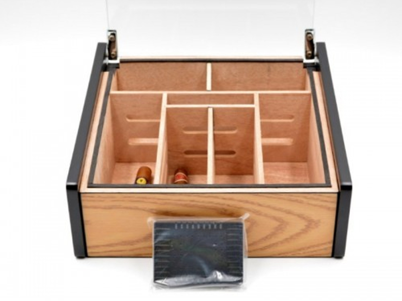 Hermoso humidor-Oak 80-100 szálas szivardoboz, cédrusfa szivartartó doboz, üvegtető, párásító - tölgyfa borítással - Image 9