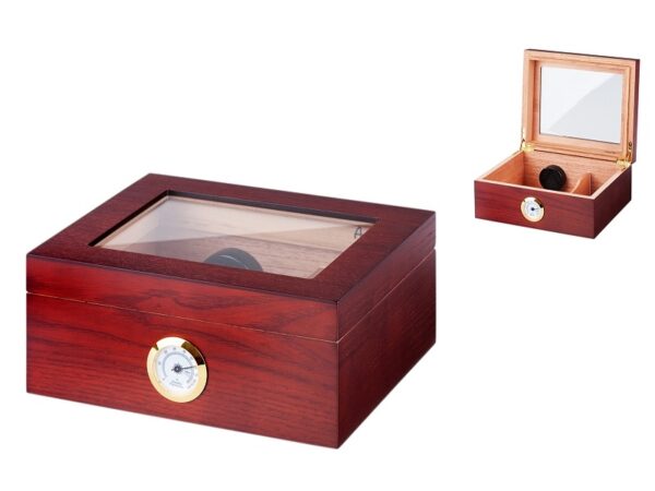 Humidor 50 szál szivar részére, cédrusfa szivar doboz, üvegtető, párásítóval, hygrométerrel - vöröses barna, Angelo - Image 2